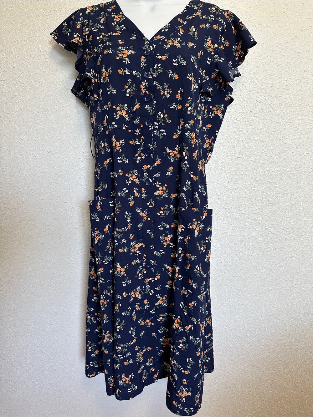 Floral V-Neck Navy Midi Dress with Flutter Sleeves